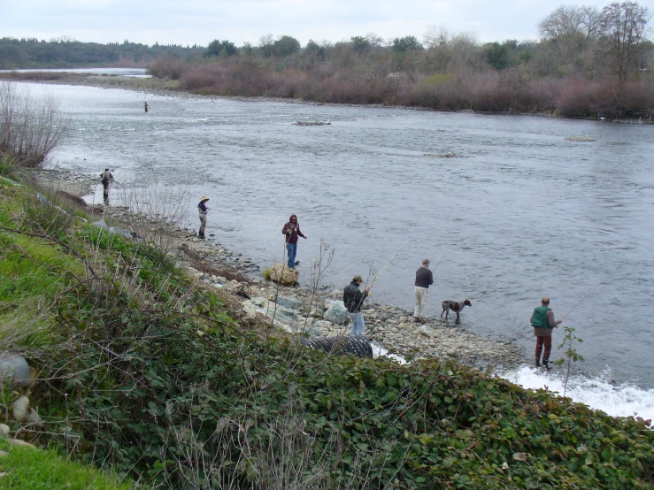 there are some people standing at the river bank