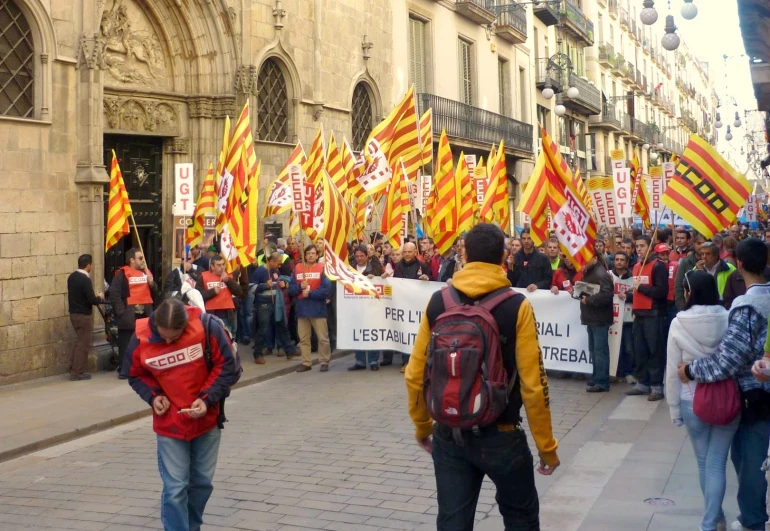 the protesters are standing by the flags in the street