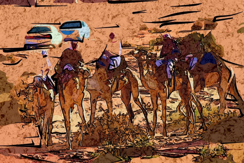 the camel riders travel through the desert by vehicle