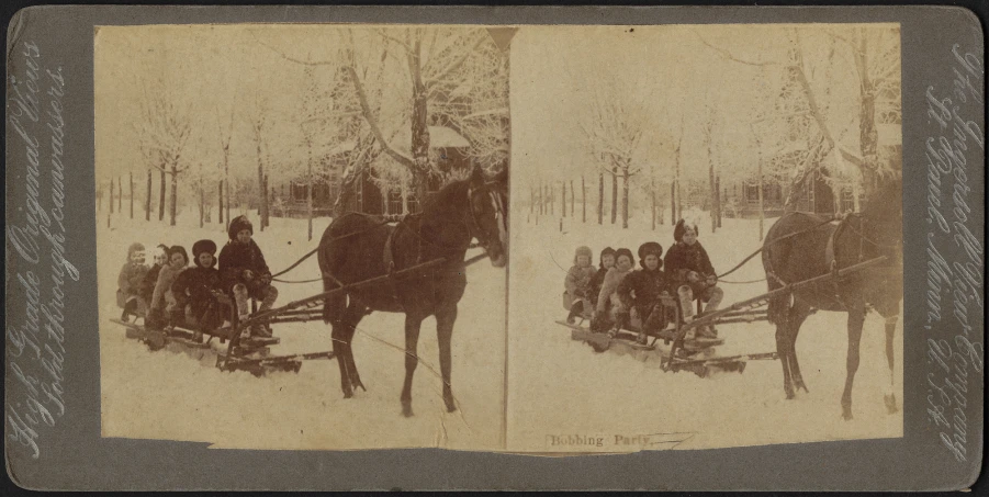 an old picture of a man on a sled being pulled by a horse