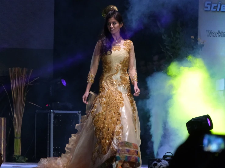 a woman standing on the runway in an elaborate dress