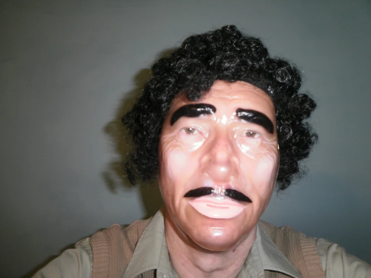 a person wearing a fake mustache and a face mask