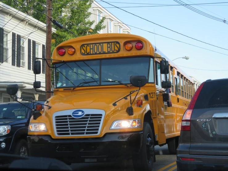 an image of yellow school bus on the road