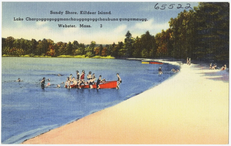 a postcard with people riding in red canoes on a lake