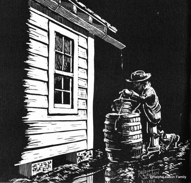 an ink painting of a man with a bucket by a house