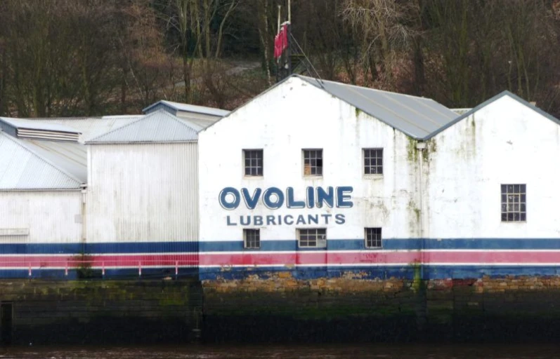 some buildings along side of a river with a flag