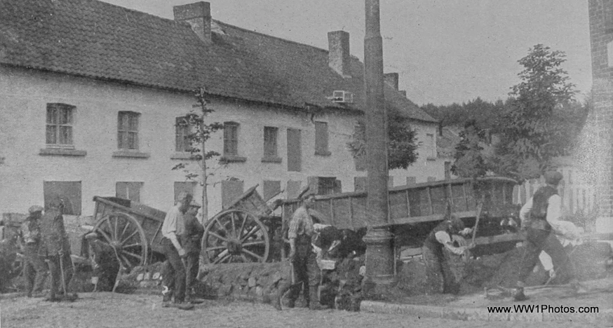 an old time picture of people standing in front of some buildings