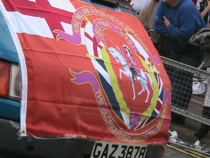 a flag is displayed on a parked car