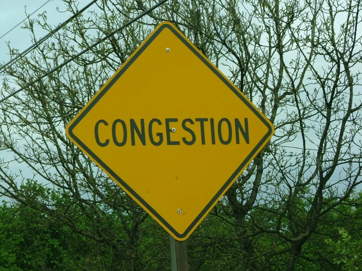a street sign indicating congestion is shown in front of some trees
