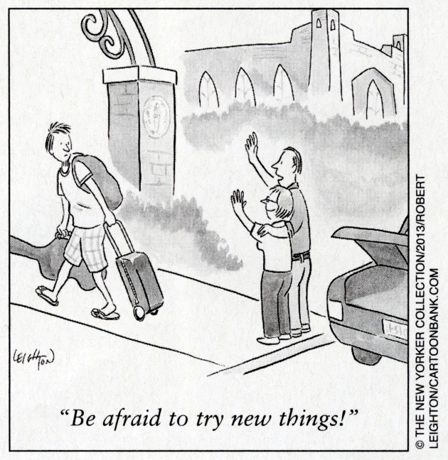 a cartoon depicting two people talking to a man with suitcases