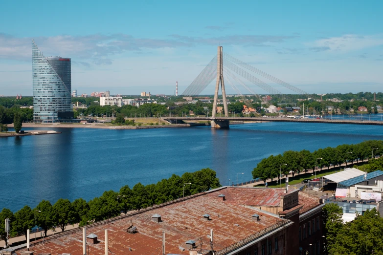 a wide river view with a bridge in the distance