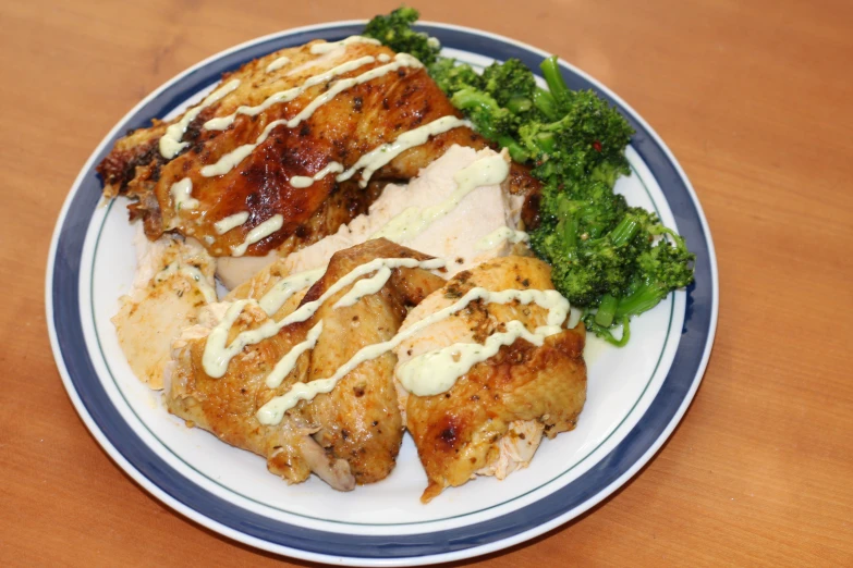 a plate on the table has meat and broccoli on it