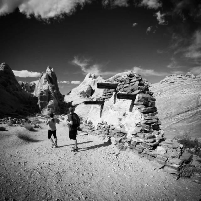 a black and white po of people in an open desert