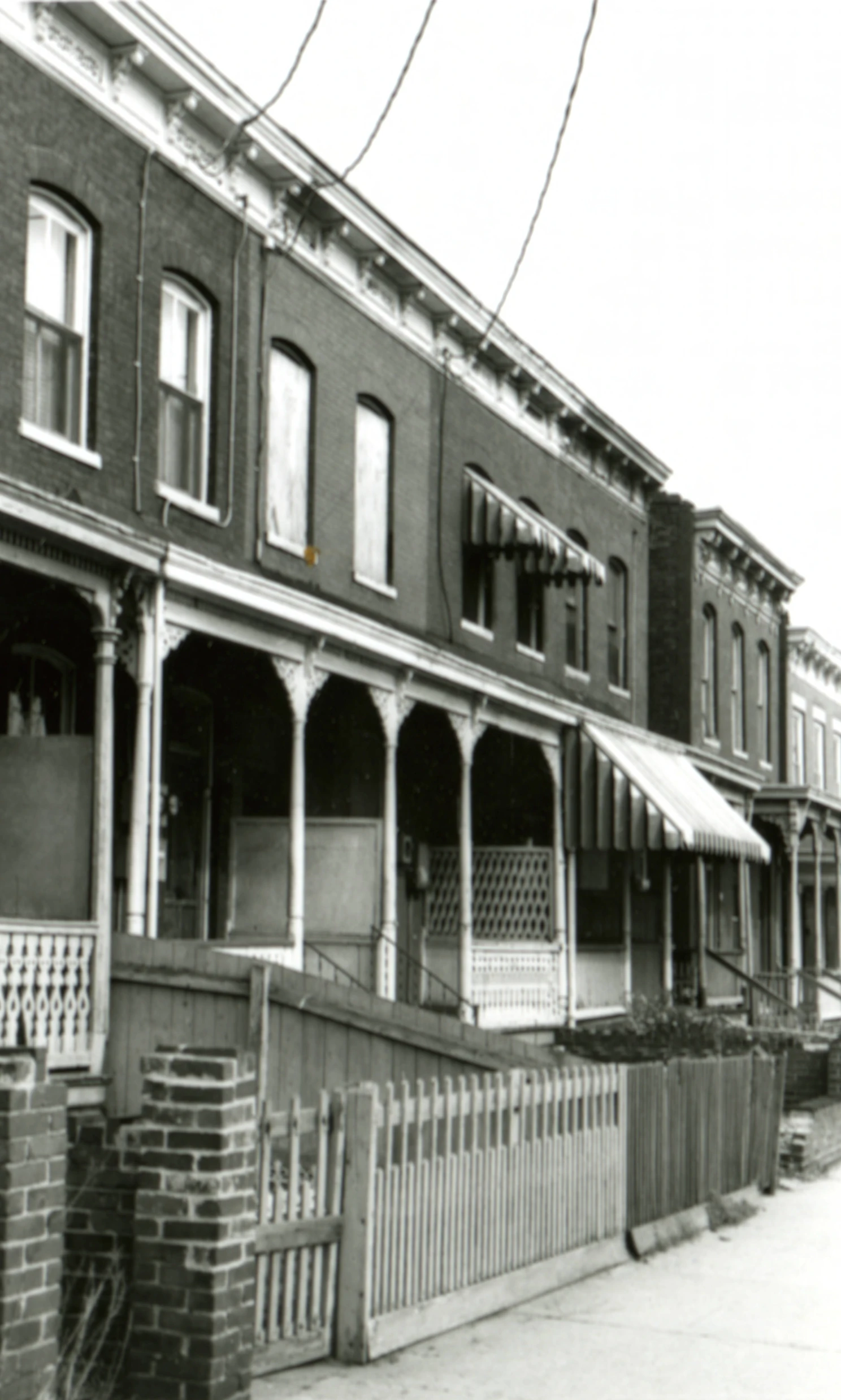 a black and white po of several buildings