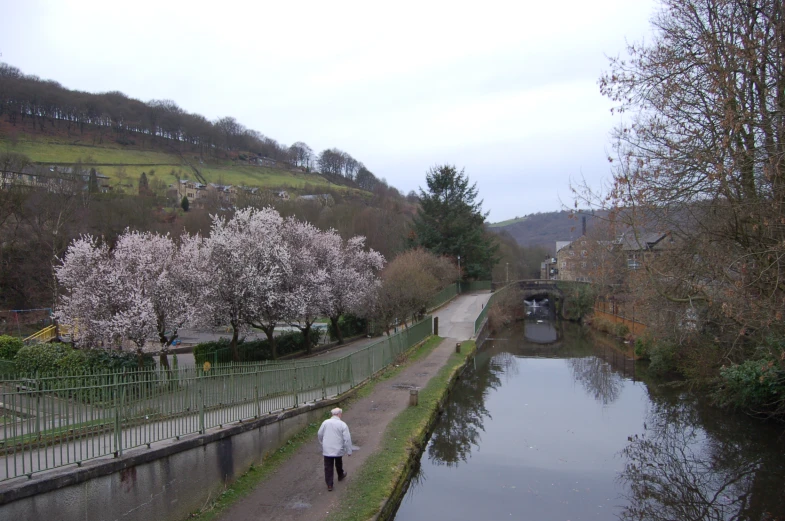 the man is walking along the canal and on the sidewalk