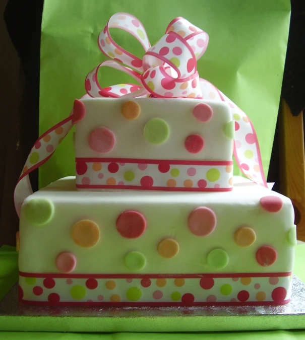 there is a three tier cake decorated with polka dots