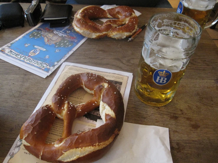 the pretzel is ready to be eaten on the table
