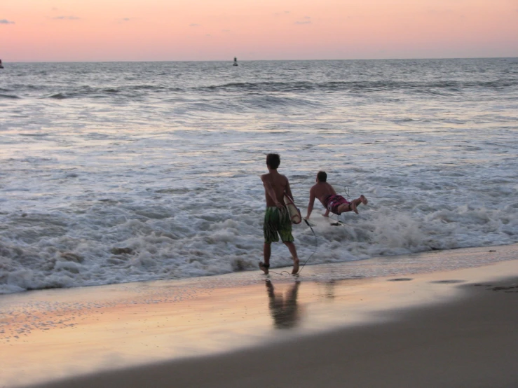 a couple of people are on the shore of the beach