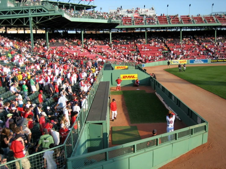 a large baseball stadium filled with people watching a game