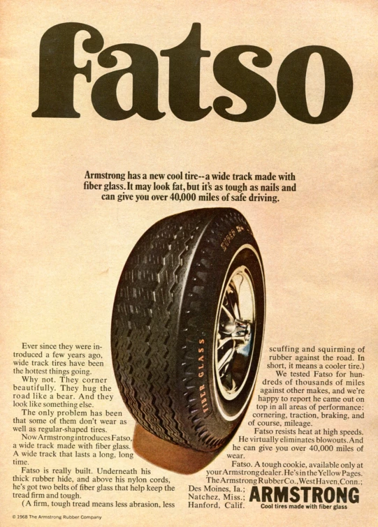 a magazine advert with an old car tire