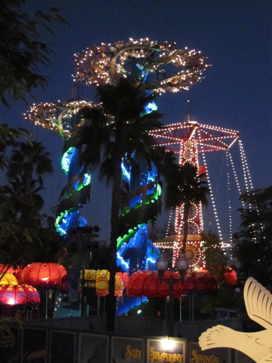 a light up ferris at night with palm trees and lights