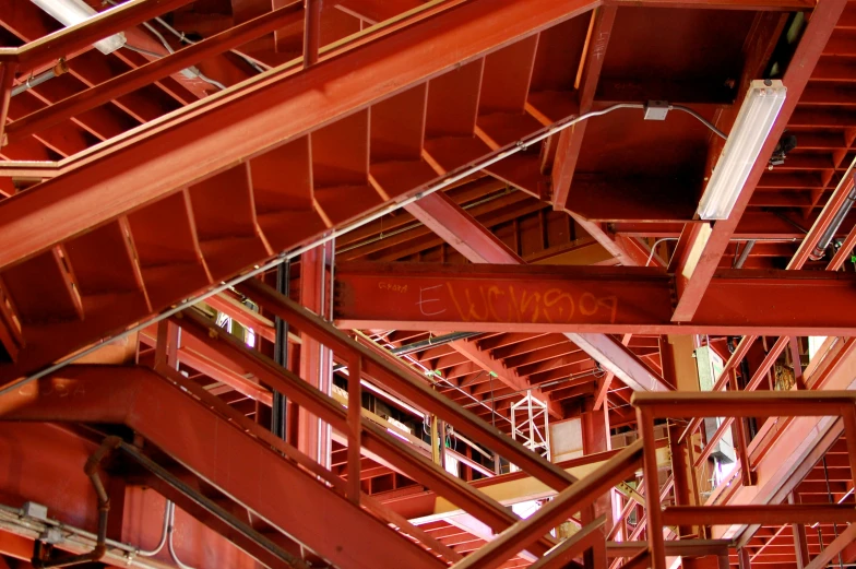 a group of red railings on top of each other