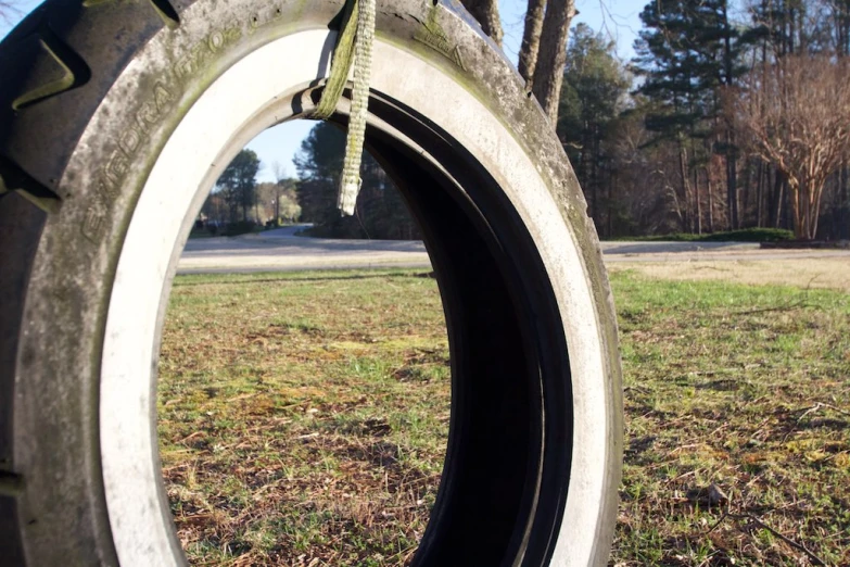 an old tire leaning towards the camera on the grass