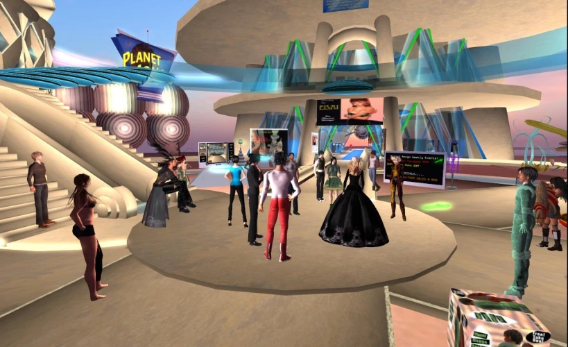 an animation scene of a crowded mall with visitors looking at items