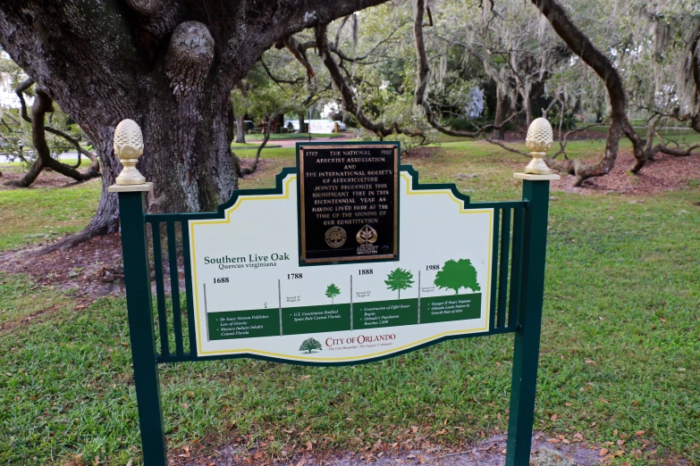 a sign with the names of different trees in the park