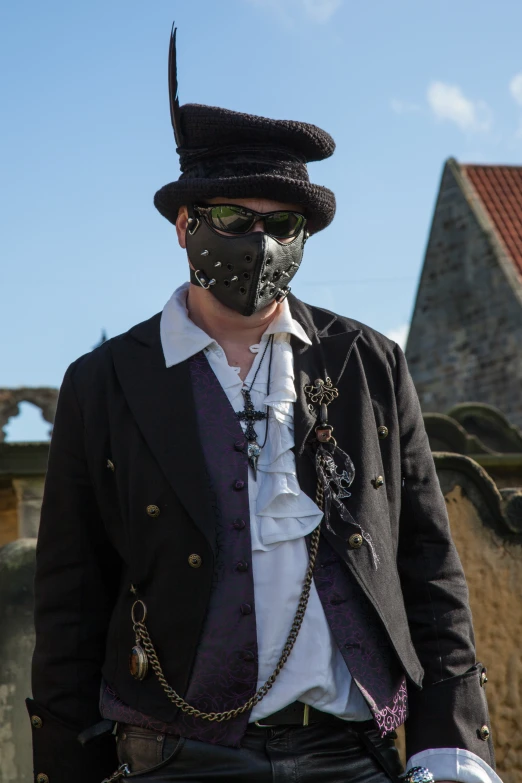the man wearing the black jacket and mask is posing for a picture