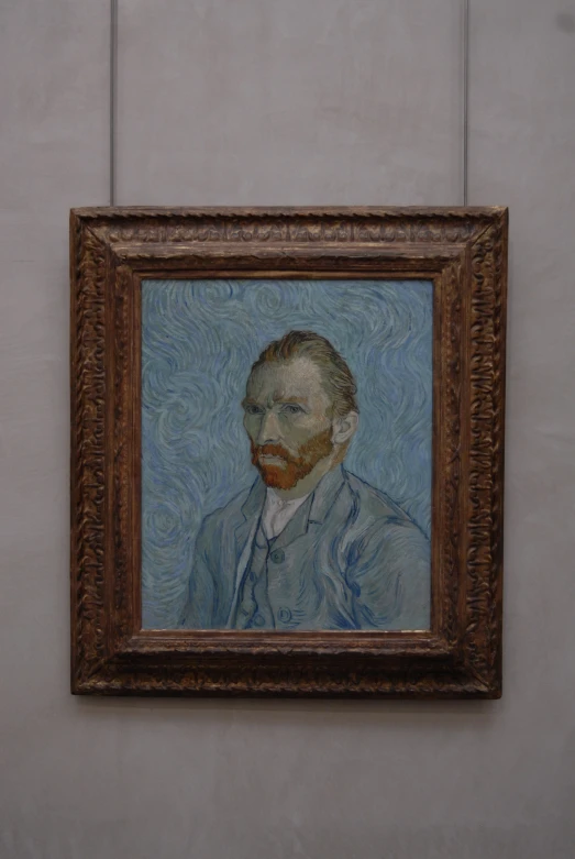 an impressionist painting on canvas depicts a man in a blue suit