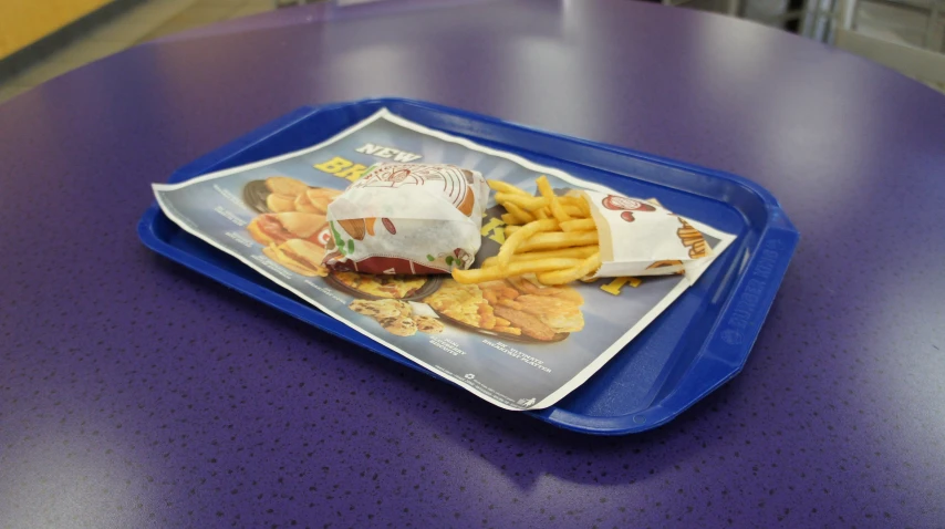 a plastic tray filled with fries and a burger on it