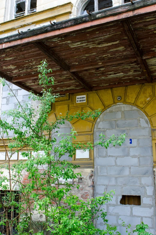 a brick archway near some buildings with green plants growing out of it