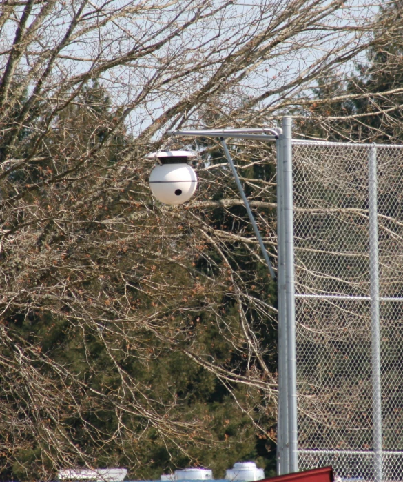 a white object suspended above trees in a field