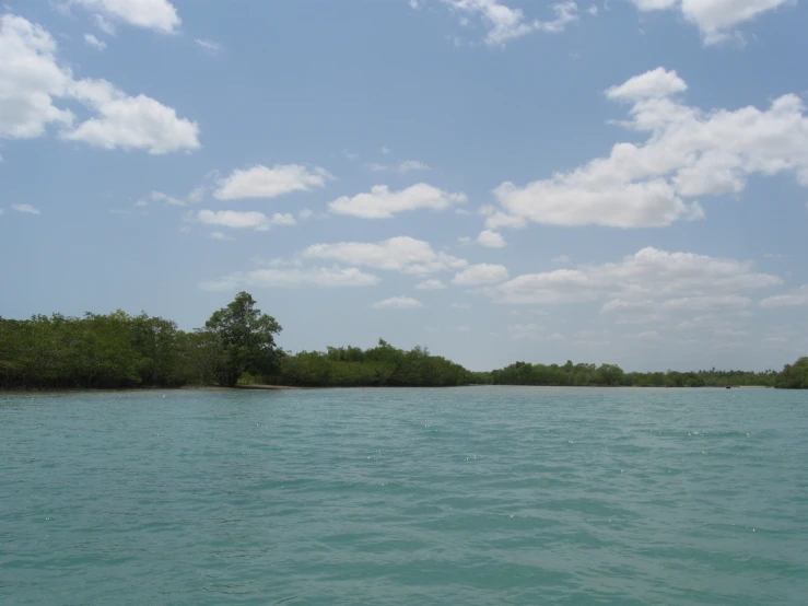 the water is a deep blue with some trees in it