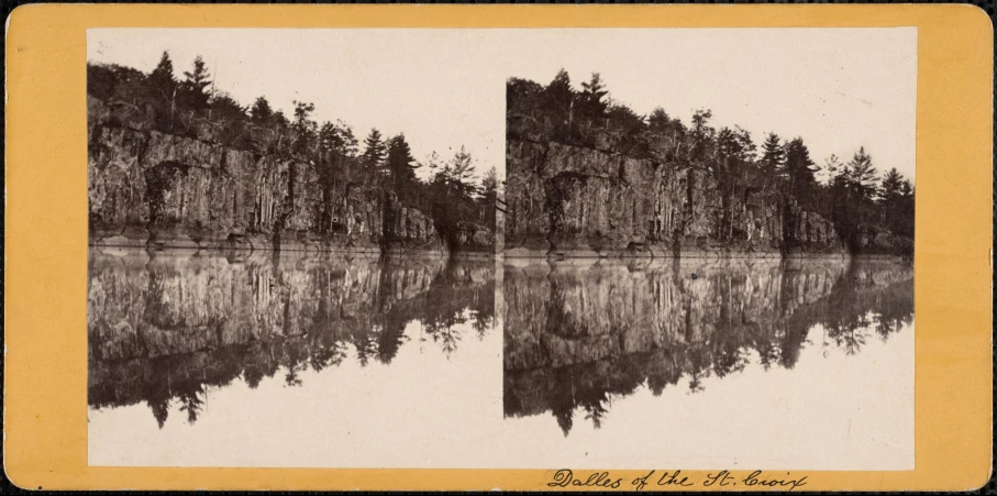 old po of trees on a lake with mirror image