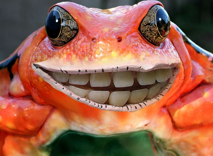 a red frog with a funny face has big eyes