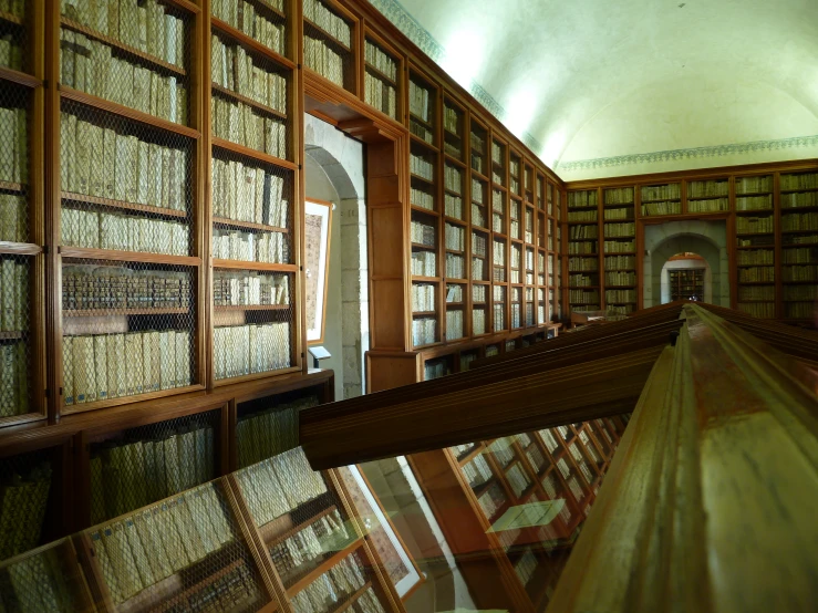 many bookshelves filled with books are lined up
