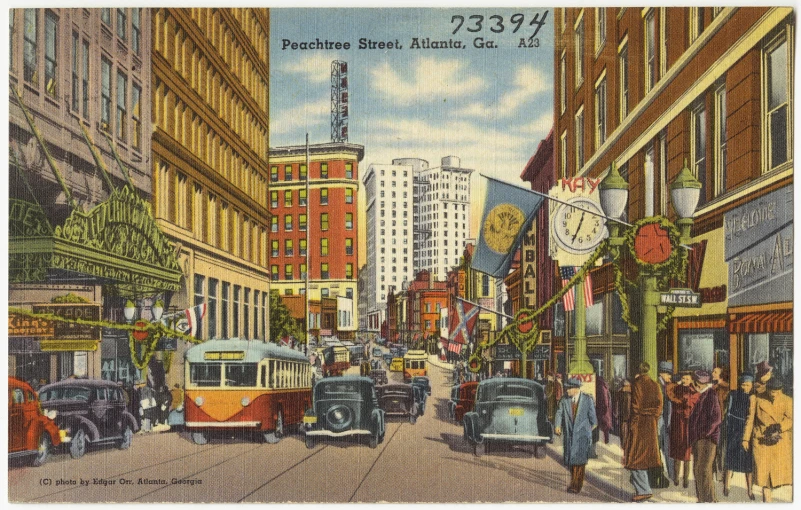 an old fashioned city scene of people walking, cars and buildings