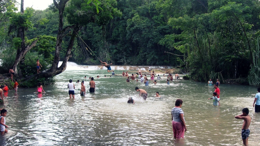 group of children in the river playing with a frisbee