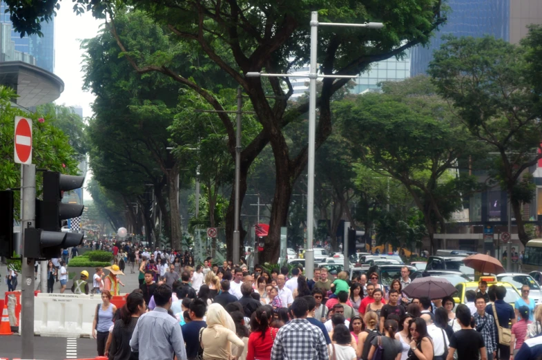 large crowd of people walking down the street together