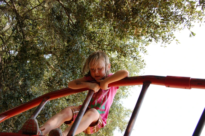 a  sitting on a red slide next to a tree