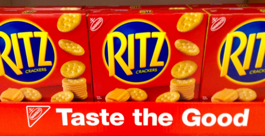 three red boxes of ritz ers with the word taste the good on them