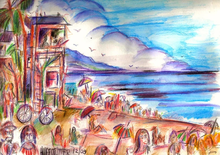 a drawing of a beach with many people in it
