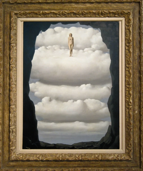 a painting of an individual in a cloud scene