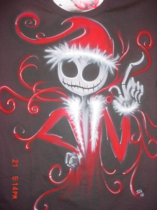 a skeleton in santa claus hat with a red hair, white eyes and nose