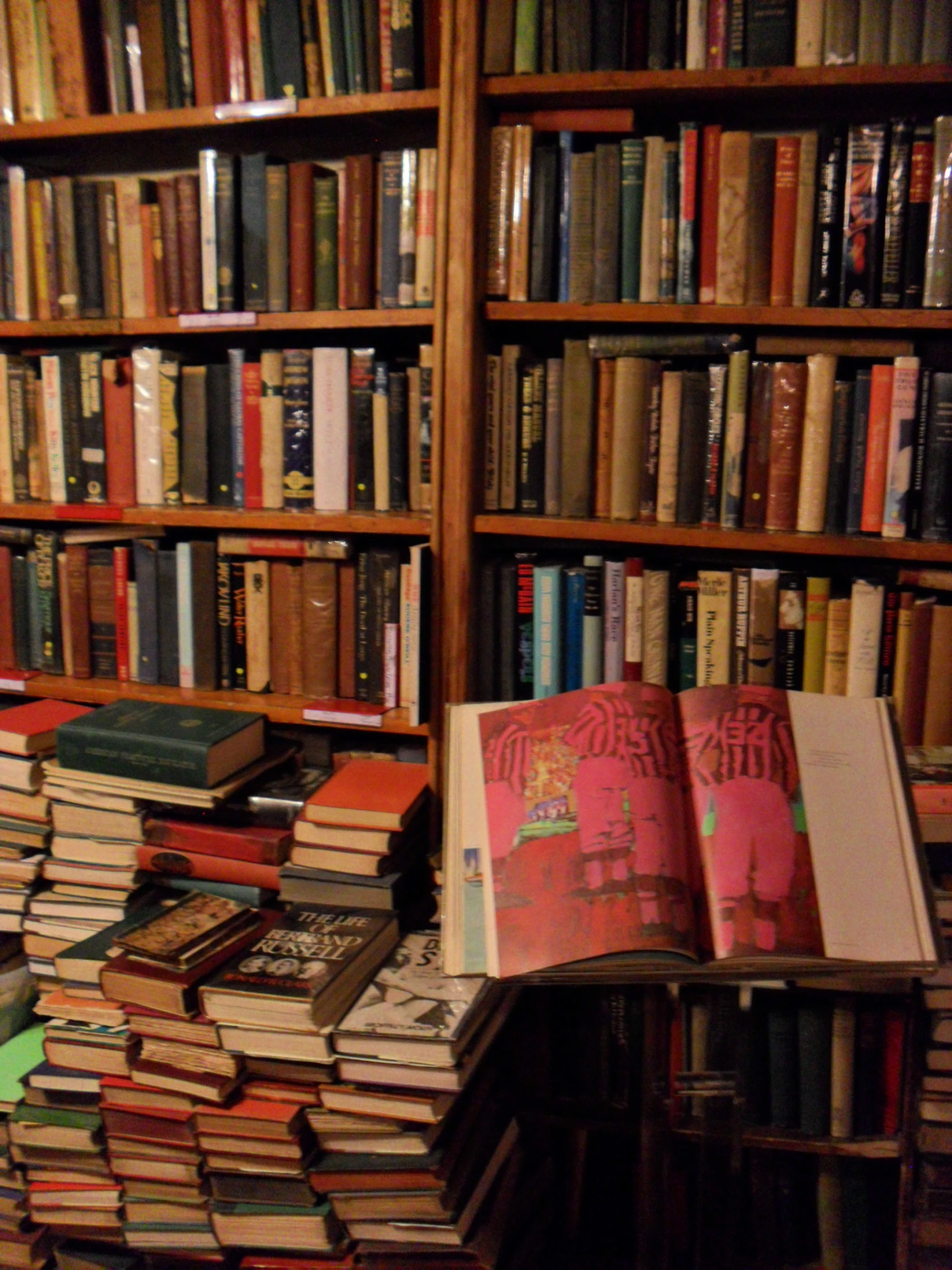 many books and textbooks stacked in front of a book case