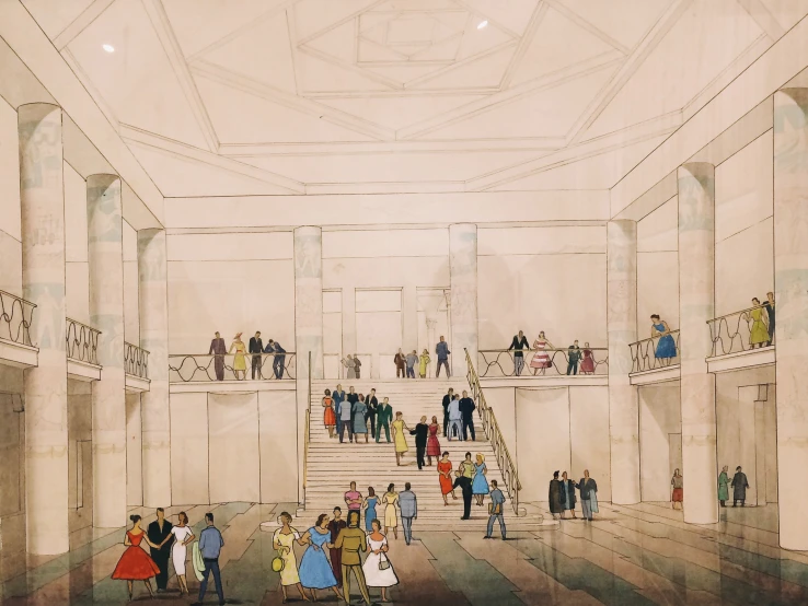 an artistic drawing of a long hall with people waiting to be walked up