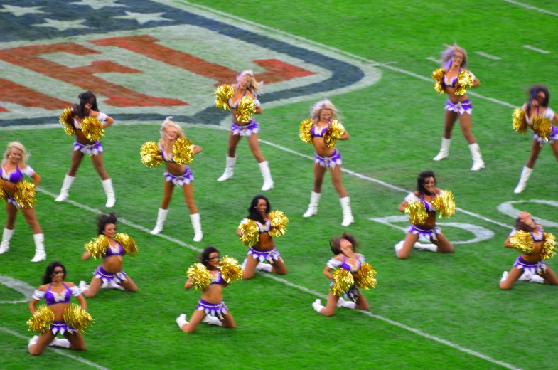 cheerleaders perform on the field during a game