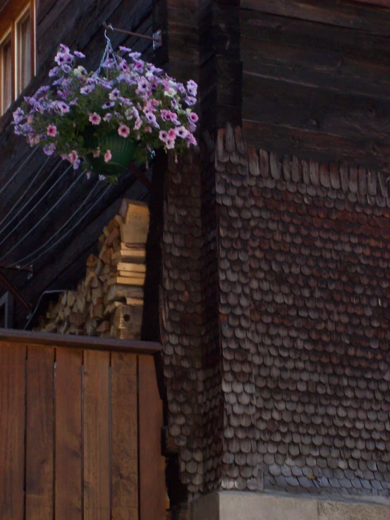 some flowers are hanging from the wooden roof